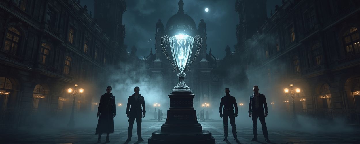 Clair Obscur GOTY 2025 Trophäe leuchtet auf einem dunklen Belle-Époque-Platz in Expedition 33.