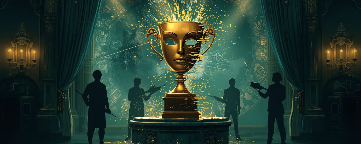 Goldener Pokal in Maskenform explodiert in digitale Splitter, umgeben von Schattenfiguren in einem prunkvollen Belle-Époque-Saal – Sinnbild für den KI-Skandal um Clair Obscur: Expedition 33.