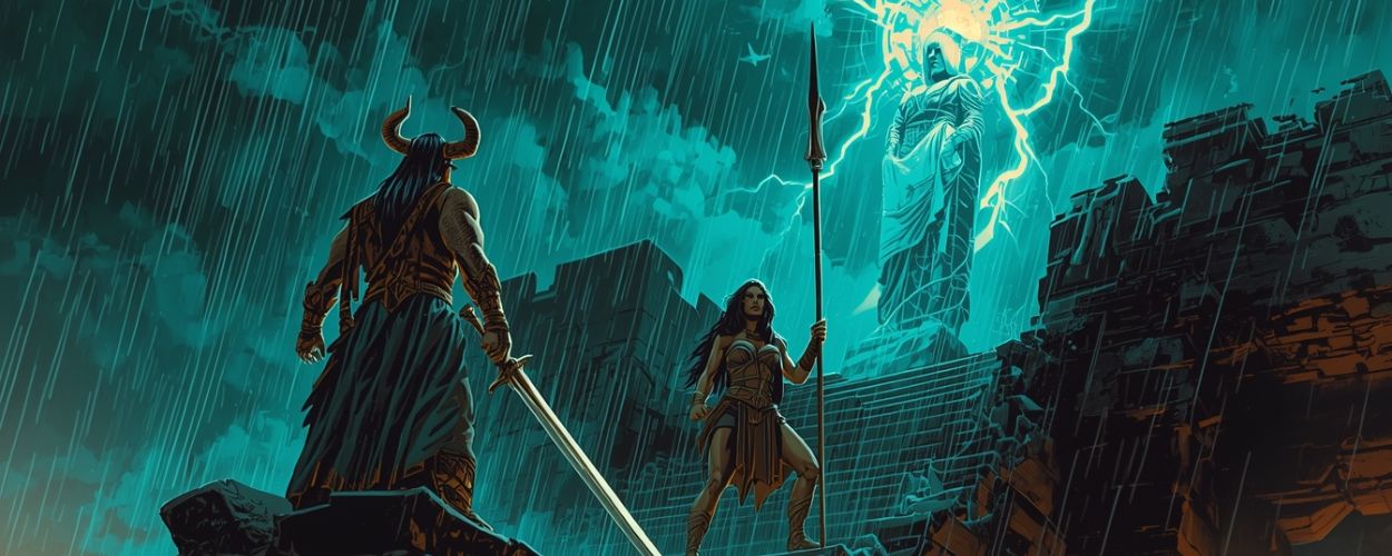 Barbar mit Hörnerhelm und Schwert steht im strömenden Regen auf Felsen einer zerfallenen Festung, ihm gegenüber eine Speerkriegerin vor einer riesigen leuchtenden Statue, über der grelle Blitze den Himmel zerreißen.
