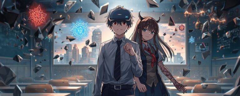 Ein Schüler mit VR-Headset steht in einem zerberstenden Klassenzimmer, neben ihm seine Mitschülerin mit Hörnern und dämonischem Arm, während draußen eine Stadt und leuchtende magische Glyphen zu sehen sind.