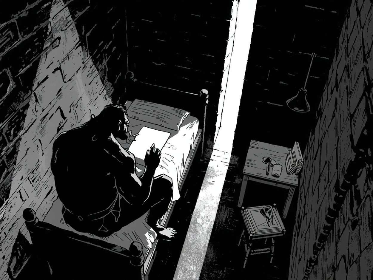 Ein Ork sitzt in einer kleinen Turmkammer auf dem Bett und hält eine Schriftrolle im Lichtstreifen des Morgens, schwarzweiße Illustration.