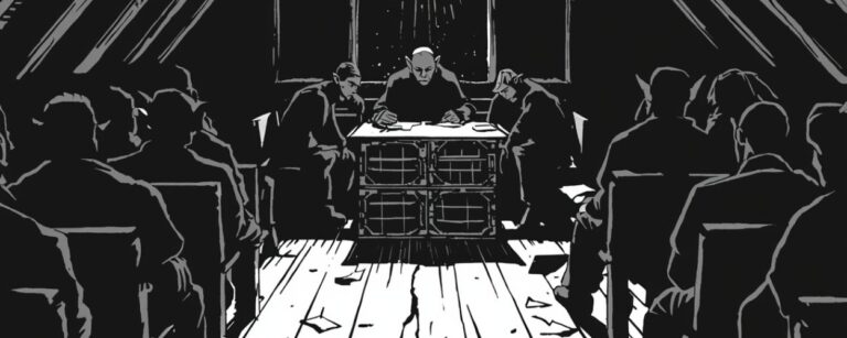 Ein niedriger Dachboden voller wartender Gestalten, vorn ein improvisierter Richtertisch mit drei Elben, schwarzweiße Illustration