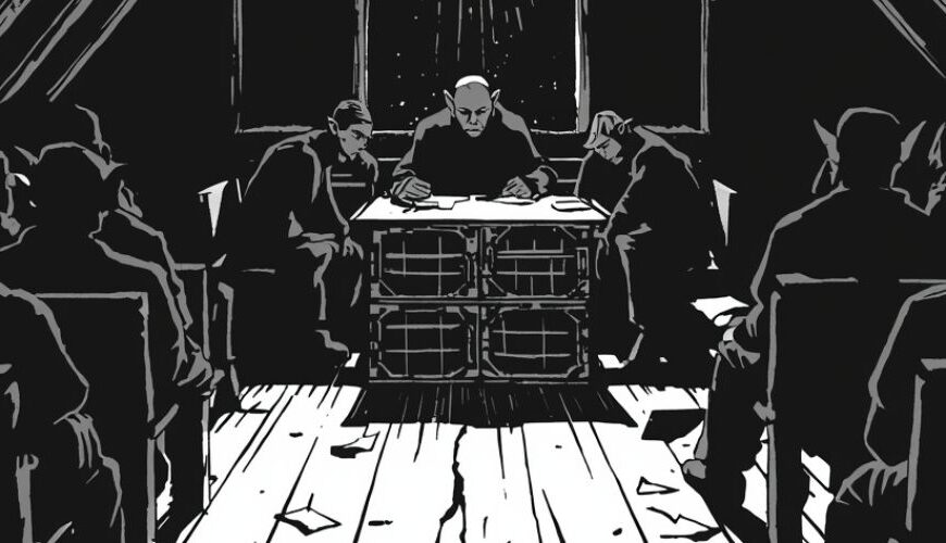 Ein niedriger Dachboden voller wartender Gestalten, vorn ein improvisierter Richtertisch mit drei Elben, schwarzweiße Illustration