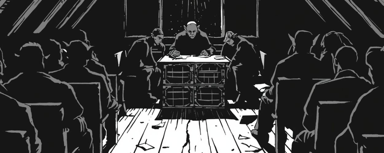 Ein niedriger Dachboden voller wartender Gestalten, vorn ein improvisierter Richtertisch mit drei Elben, schwarzweiße Illustration