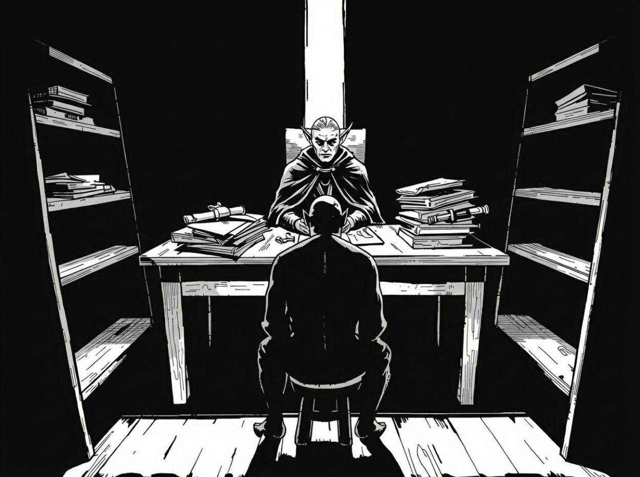 Ein niedriger Dachboden voller wartender Gestalten, vorn ein improvisierter Richtertisch mit drei Elben, schwarzweiße Illustration.