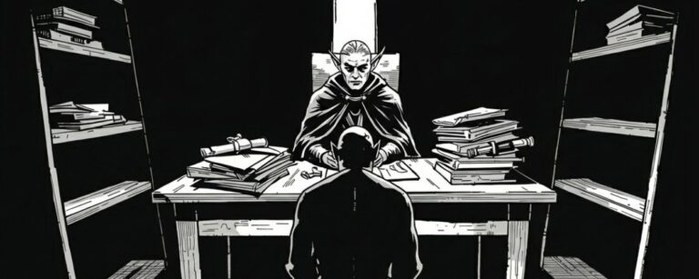 Ein Ork sitzt auf einem Hocker vor einem Tisch voller Akten, ihm gegenüber ein elbischer Rechtskundiger im Lichtstreifen eines Fensters, schwarzweiße Illustration.