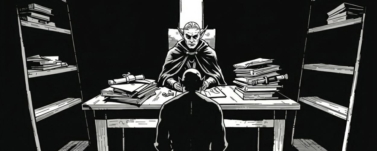 Ein Ork sitzt auf einem Hocker vor einem Tisch voller Akten, ihm gegenüber ein elbischer Rechtskundiger im Lichtstreifen eines Fensters, schwarzweiße Illustration.