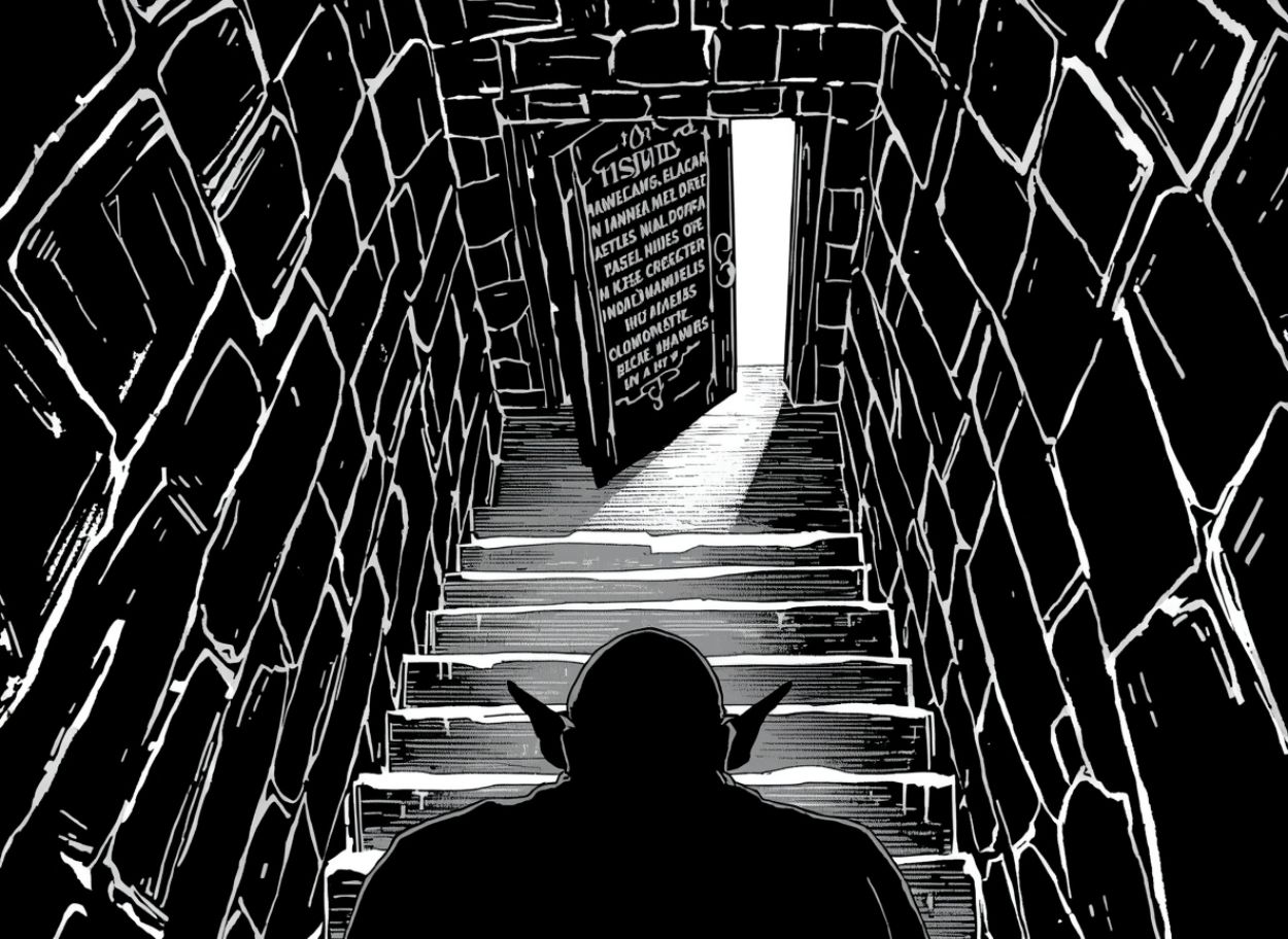 Ein Ork steht am Fuß einer engen Steintreppe, oben eine halb geöffnete Tür mit überfülltem Namensschild, aus dem Spalt fällt Licht, schwarzweiße Illustration.