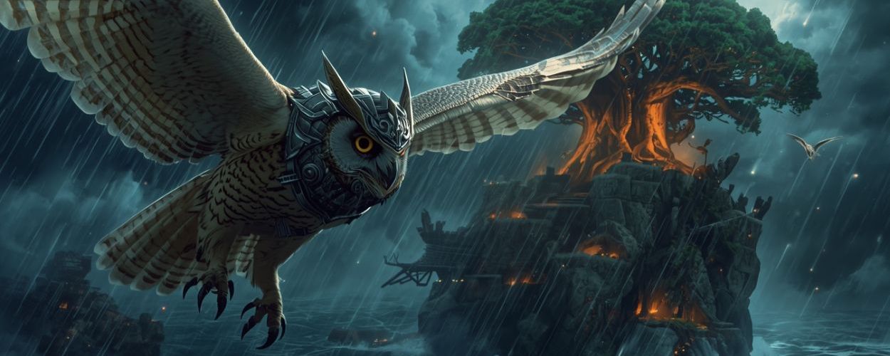 Gepanzerte Kampfeule mit Metallhelm fliegt im Regen über einer sturmgepeitschten See auf eine leuchtende Baumfestung auf einer Felseninsel zu, im Hintergrund weitere Eulen und Vollmond.