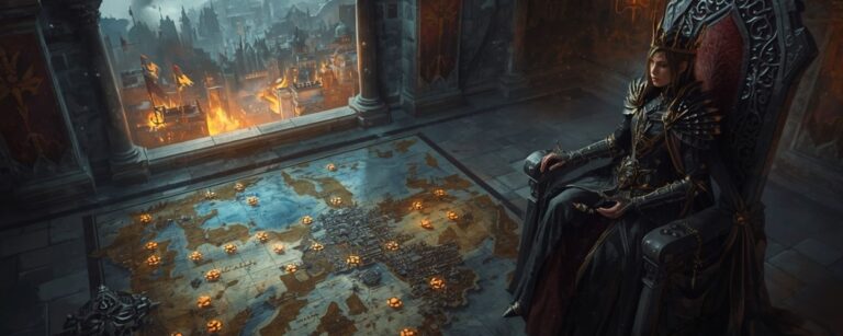 Dunkel gekleidete Königin in schwarzer Rüstung sitzt auf einem Thron vor einer großen Landkarte, während draußen eine Stadt in Flammen steht.