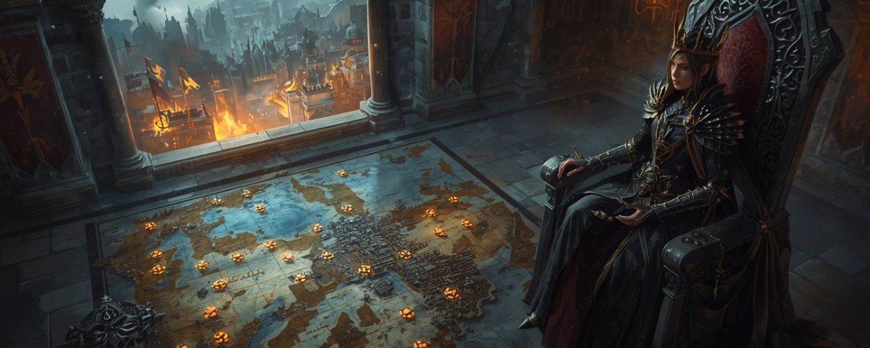 Dunkel gekleidete Königin in schwarzer Rüstung sitzt auf einem Thron vor einer großen Landkarte, während draußen eine Stadt in Flammen steht.