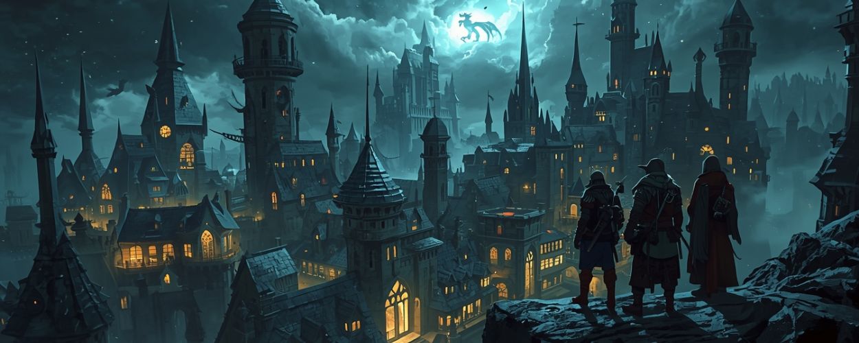 Drei Abenteurer blicken nachts von einem Felsen auf eine leuchtende Fantasy-Stadt voller Türme, im Mondlicht fliegt ein Drache – Symbolbild für die Dungeons-&-Dragons-Serie in den Vergessenen Reichen auf Netflix