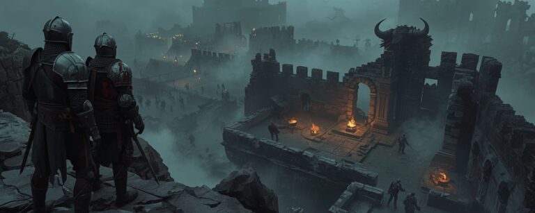 Zwei gerüstete Söldner blicken von einem Felsen auf eine neblige Festungsruine hinab, in der bewaffnete Krieger zwischen Mauern, Torbögen und Feuerstellen patrouillieren.