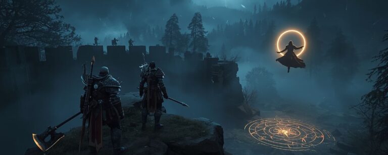 Zwei schwer gerüstete Krieger blicken von einer Klippe auf eine ruinierte Festung, während rechts ein Priester in einem goldglühenden Kreis über einem Runenfeld schwebt und im Hintergrund Silhouetten feindlicher Kämpfer auf der Mauer lauern.
