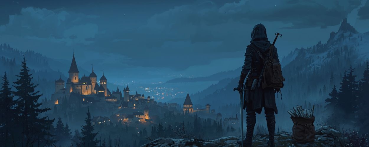 Eine Kapuzengestalt mit Schwert steht nachts auf einem Felsen und blickt auf eine weitläufige, warm beleuchtete Fantasy-Stadt inmitten von Bergen und Wäldern, über der zwei Monde am Himmel stehen.