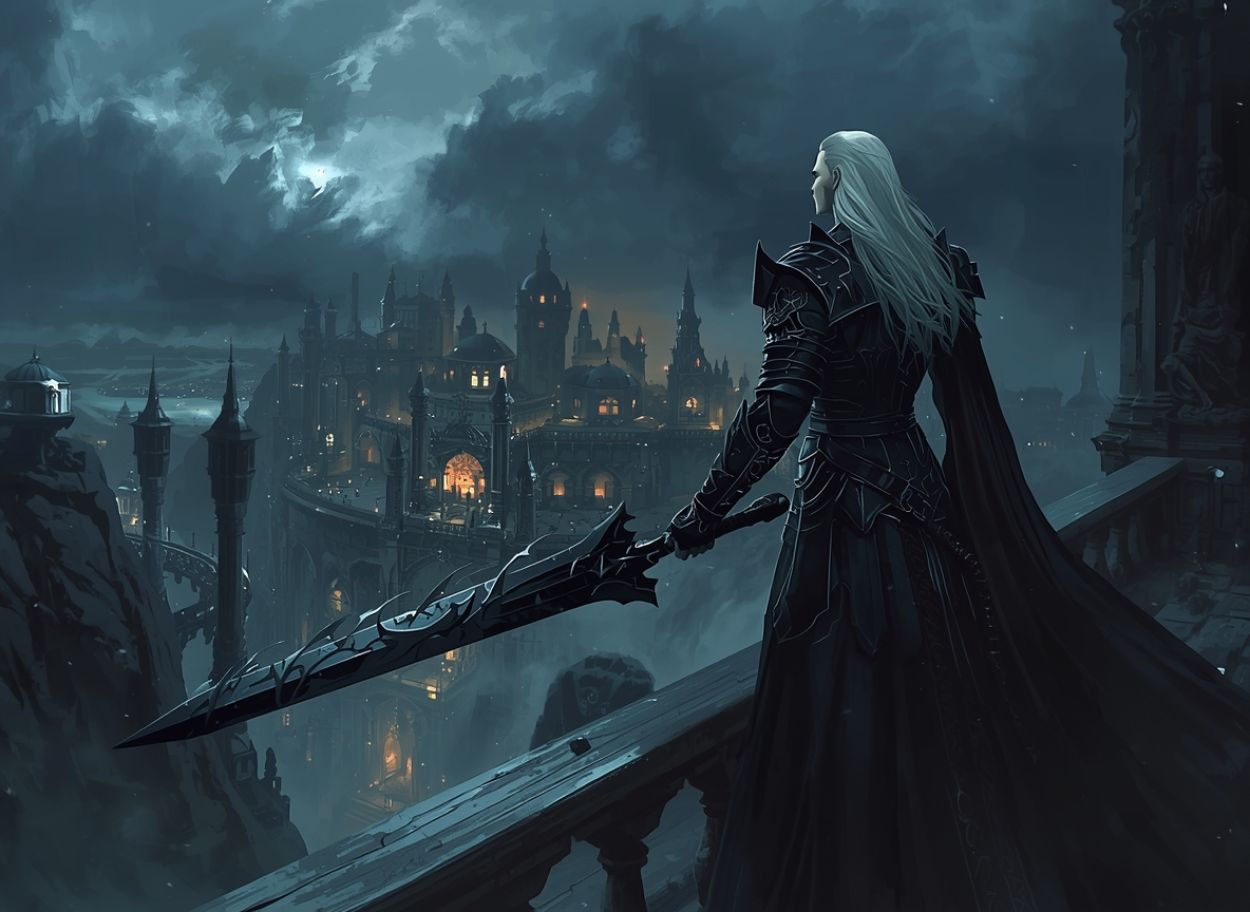 Ein bleicher, weißhaariger Kaiser in schwarzer Rüstung steht nachts auf einem Balkon hoch über der leuchtenden Traumstadt Imrryr und hält ein riesiges schwarzes Schwert, während dunkle Wolken über den Türmen hängen.