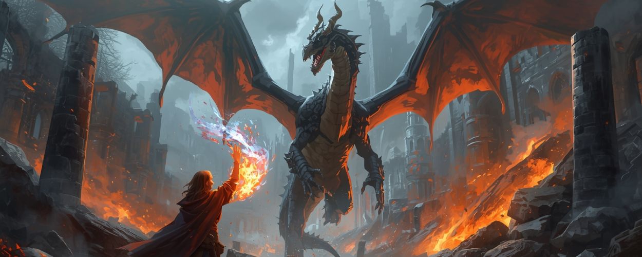 Eine junge Magierin stellt sich in einer brennenden Ruinenstadt einem riesigen Drachen entgegen und bündelt Feuer- und Eismagie in ihrer Hand.