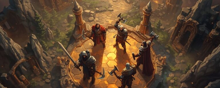 Fünf schwer gerüstete Fantasy-Helden mit Schwertern und Äxten stehen auf einem leuchtenden Hexfeld-Platz in einer felsigen Dungeon- und Burgruine, aus isometrischer Top-down-Perspektive, inspiriert von Fallen Sword 2.
