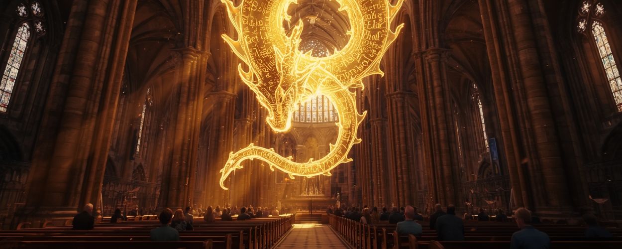In einer voll besetzten gotischen Kathedrale schwebt ein gigantischer Drache aus goldenem Licht über dem Mittelgang, während die Menschen in den Bänken betend nach vorn blicken.