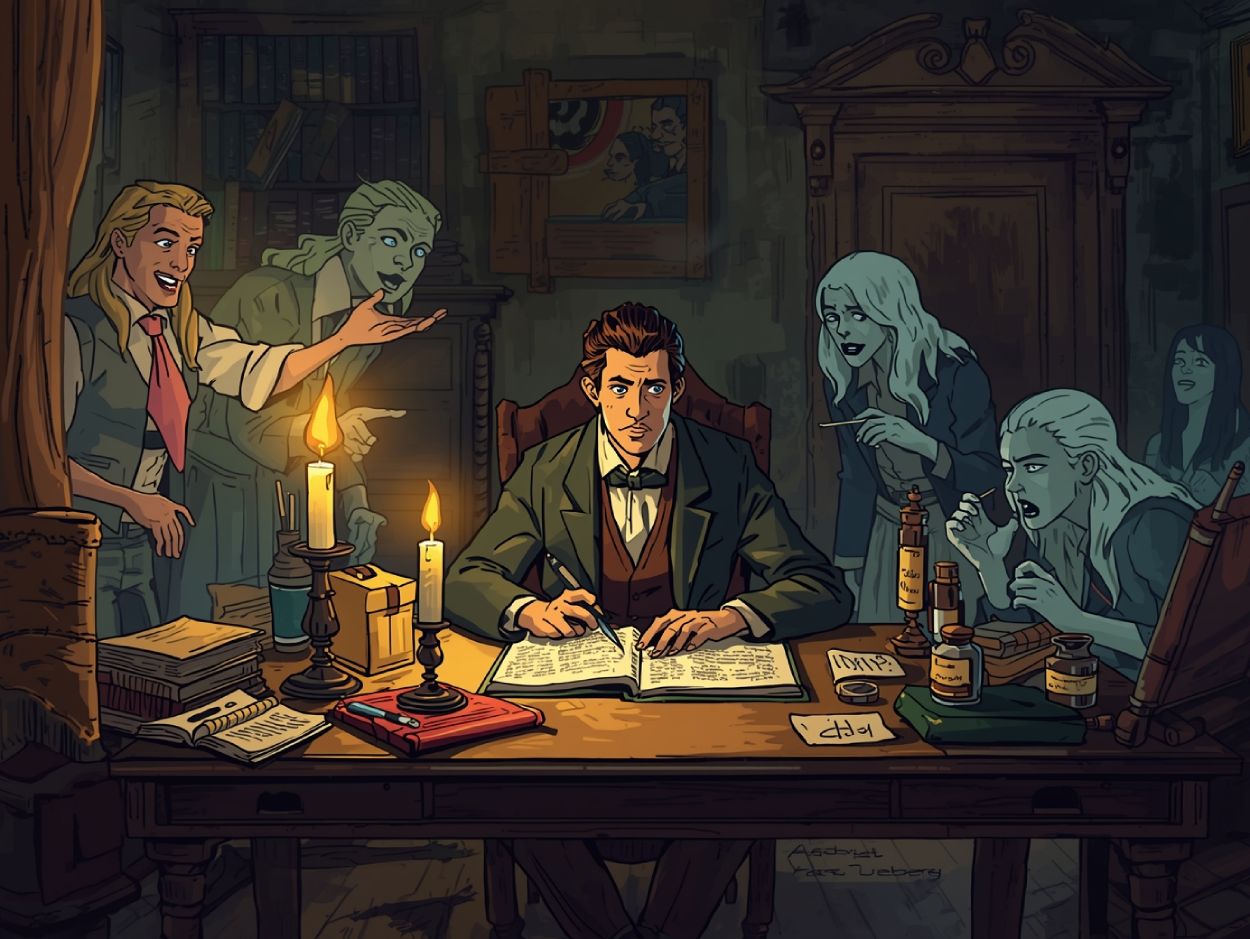 Ein Fantasyautor sitzt am Schreibtisch, während geisterhafte Figuren aus seinen Seiten steigen und neugierig über seine Schulter schauen.