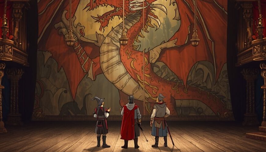 Auf einer Theaterbühne mit Drachenkulisse erkennen ein Ritter, ein Magier und eine Diebin die Seile und Scheinwerfer über sich.