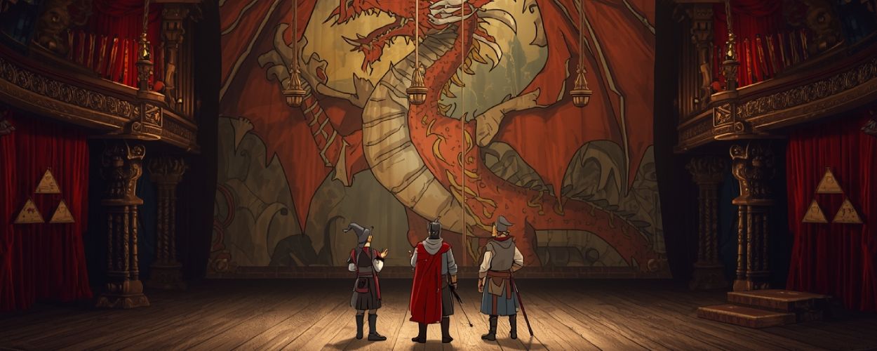 Auf einer Theaterbühne mit Drachenkulisse erkennen ein Ritter, ein Magier und eine Diebin die Seile und Scheinwerfer über sich.