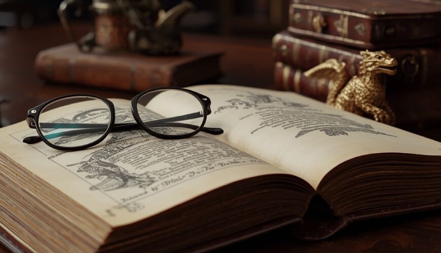 Ein stilles Schreibtisch Stillleben in einer Bibliothek: Ein aufgeschlagenes Buch mit Zeichnungen und Randnotizen, darauf eine Brille wie nach einer langen Lektüre. Dahinter deuten Teekanne, Lederkoffer und ein kleiner goldener Drache die Verbindung von Hochkultur und Fantasy an, ohne plumpen Zauber Effekt. Wenn du willst, gebe ich dir noch eine ultrakurze Bildunterschrift im exakt richtigen Ton für unter dem Hero. Ich bin Boris, ich setze dir da eine Pointe hin, die nicht nach Karneval klingt.