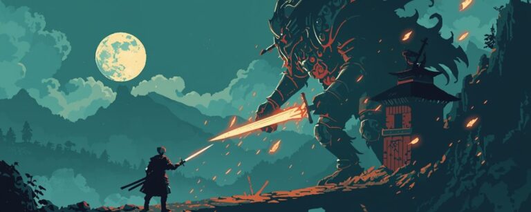 Seitliche Fantasy-Szene im Illustrationsstil: Ein einsamer Schwertkämpfer steht auf einer zerfallenen Steinbrücke im Mondlicht einem riesigen, feurig glühenden Rüstungsdämon gegenüber, Funken fliegen zwischen ihren Klingen, im Hintergrund Berge und ein Tempel.