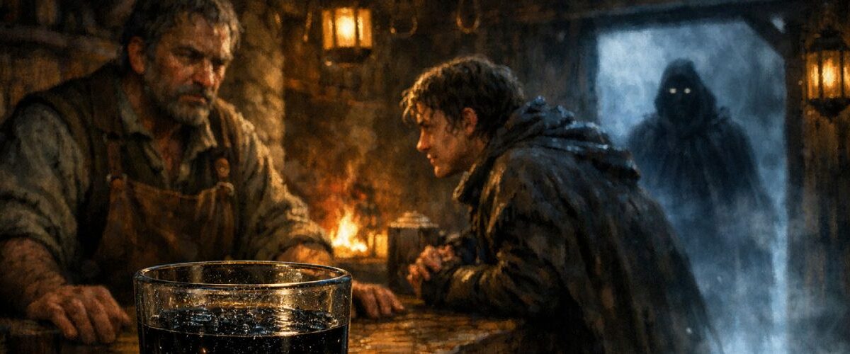 Düstere Wegkreuzungs-Taverne: Wirt und Reisender am Tresen, im Vordergrund ein Glas mit schwarzem Sternentrank, in der Tür eine verhüllte Gestalt im Nebel.