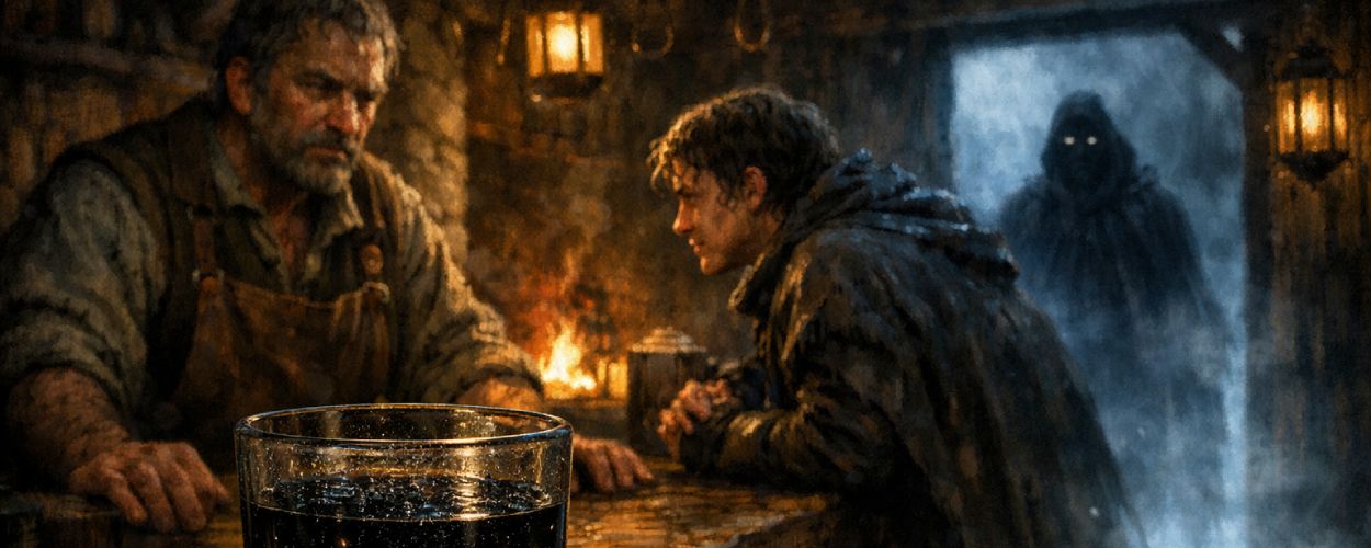 Düstere Wegkreuzungs-Taverne: Wirt und Reisender am Tresen, im Vordergrund ein Glas mit schwarzem Sternentrank, in der Tür eine verhüllte Gestalt im Nebel.