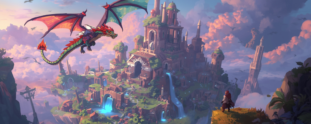 Bunte Fantasy-Szene: Ein roter Drache mit grünen Schuppen kreist über einer schwebenden Inselstadt mit Türmen, Torbögen und leuchtenden Wasserfällen, am rechten Bildrand steht ein kleiner Abenteurer auf einem Felsvorsprung und blickt hinüber.