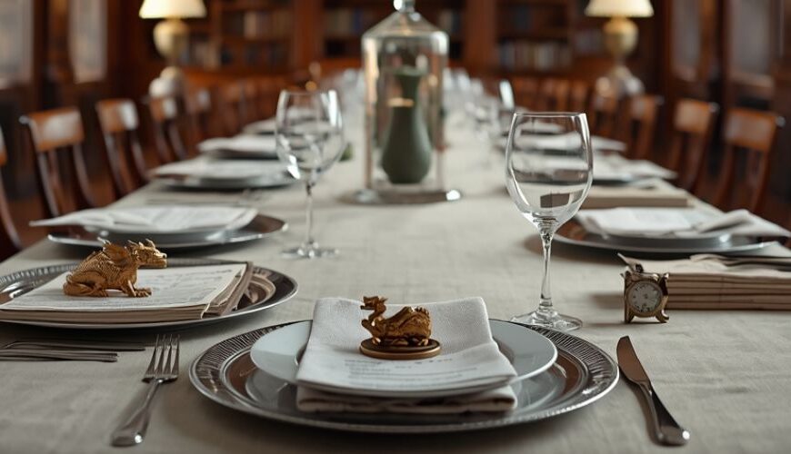 Lange gedeckte Tafel in einer holzvertäfelten Bibliothek mit leeren Gedecken, Porzellantellern und Weingläsern; auf den Servietten liegen kleine goldene Drachenornamente und am Rand steht eine Taschenuhr.
