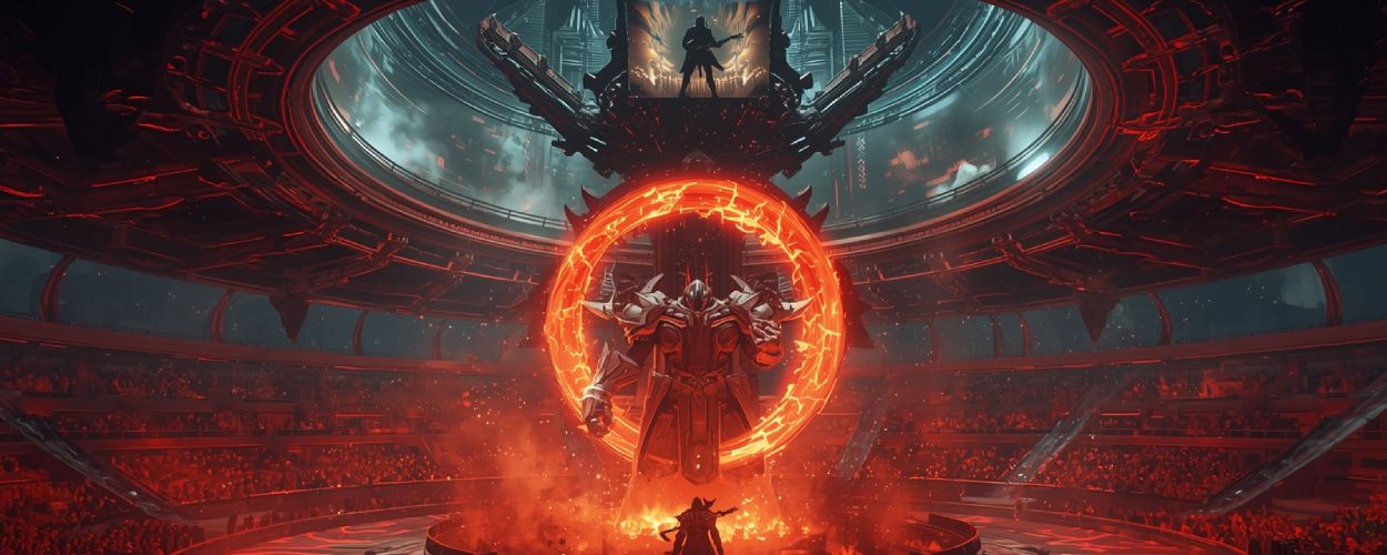 In einer gewaltigen Sci-Fi-Arena steht ein Krieger vor einem gigantischen, feuerumringten Boss, über ihm erscheint die Silhouette eines Gitarristen auf einer Leinwand, während Tausende Zuschauer die Szenerie umgeben.