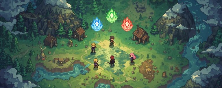 Sechs chibihafte Pixel-Helden stehen auf einem hellen Platz in der Mitte einer JRPG-Weltkarte mit Flüssen, Bergen, Wäldern und Dörfern, dahinter leuchten vier farbige Kristalle in Blau, Grün, Rot und Gelb, im Stil klassischer 16-Bit-Fantasy-Rollenspiele.