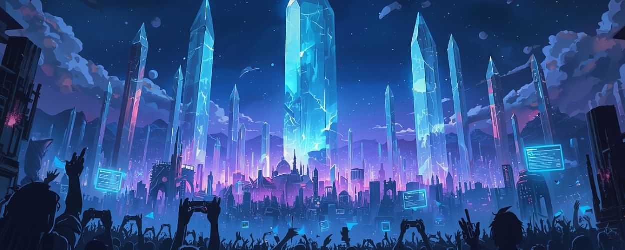 Große Menschenmenge vor einer futuristischen Fantasy-Stadt bei Nacht, in deren Mitte riesige leuchtende Kristallsäulen in den Himmel ragen, während Fans mit hochgehaltenen Smartphones und Händen die Szene filmen – darüber schweben holografische Dialogfenster wie Umfrageanzeigen.