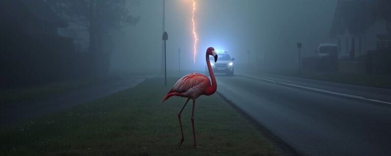 Flamingo steht im dichten Nebel auf einer Dorfwiese neben der Straße, im Hintergrund fährt ein Polizeiauto mit Blaulicht heran, über einer Laterne schlägt ein Blitz in den Nebel.