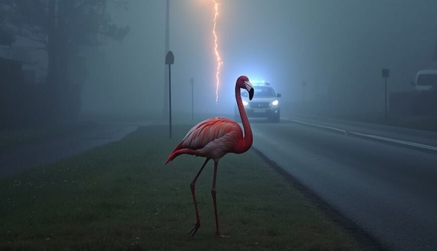 Flamingo steht im dichten Nebel auf einer Dorfwiese neben der Straße, im Hintergrund fährt ein Polizeiauto mit Blaulicht heran, über einer Laterne schlägt ein Blitz in den Nebel.