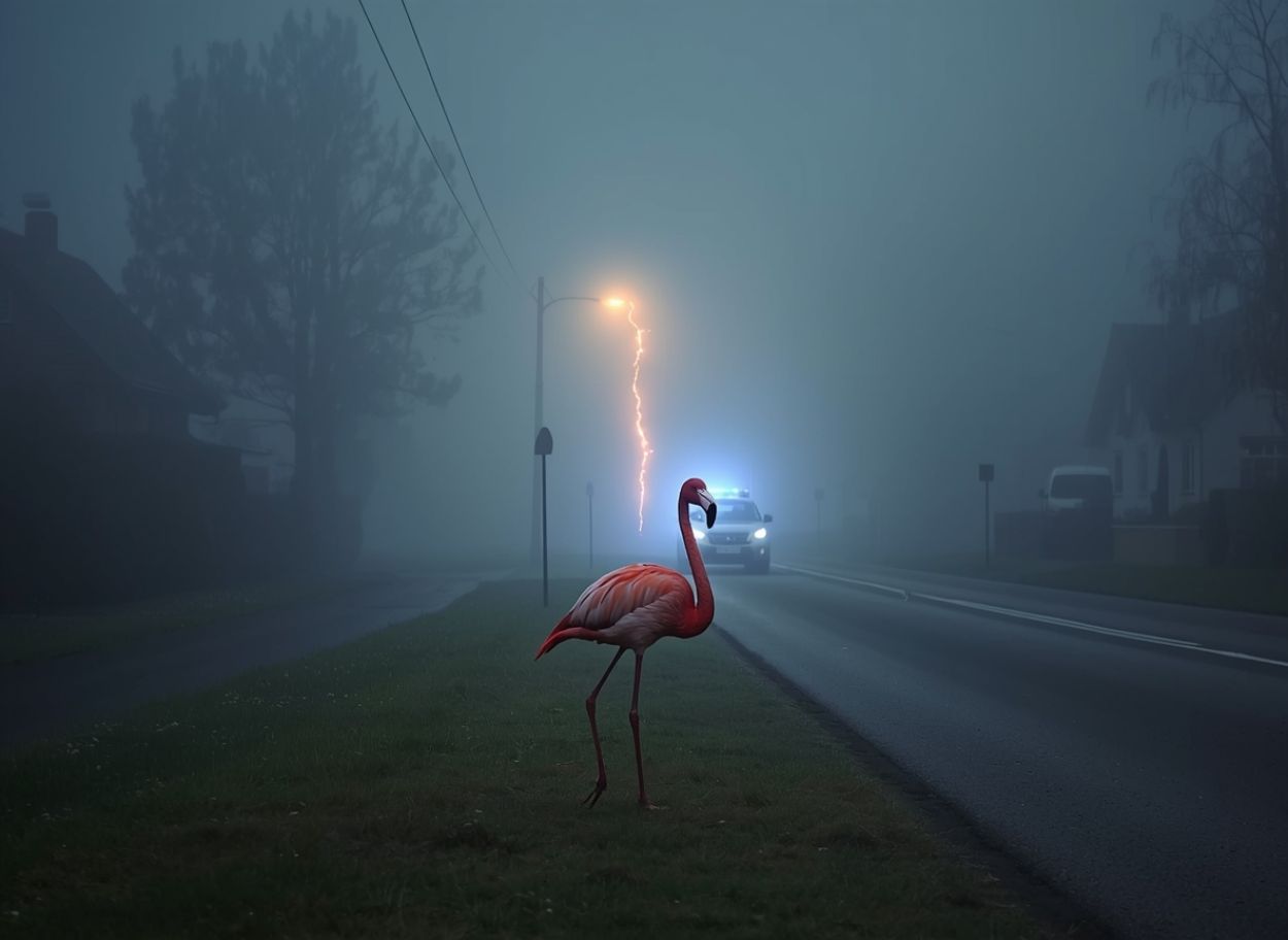 Flamingo steht im dichten Nebel auf einer Dorfwiese neben der Straße, im Hintergrund fährt ein Polizeiauto mit Blaulicht heran, über einer Laterne schlägt ein Blitz in den Nebel.