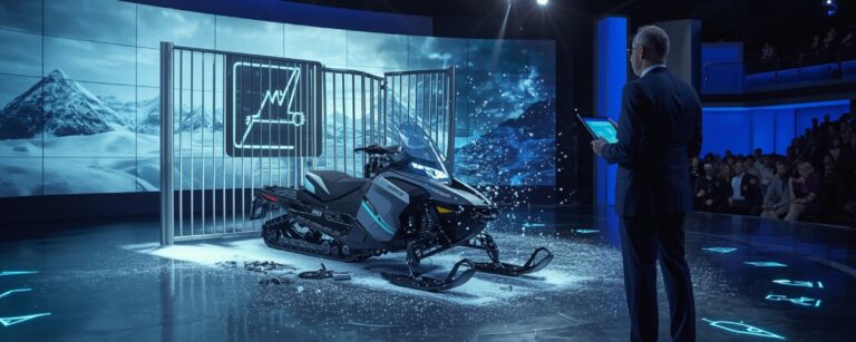 Elektrisches Schneemobil auf einer TV Bühne, vor ein Metalltor gerutscht, überall Kunstschnee und leuchtende Symbole auf dem Boden, im Hintergrund eine Berglandschaft auf einer LED Wand und ein Investor im Anzug mit Tablet.