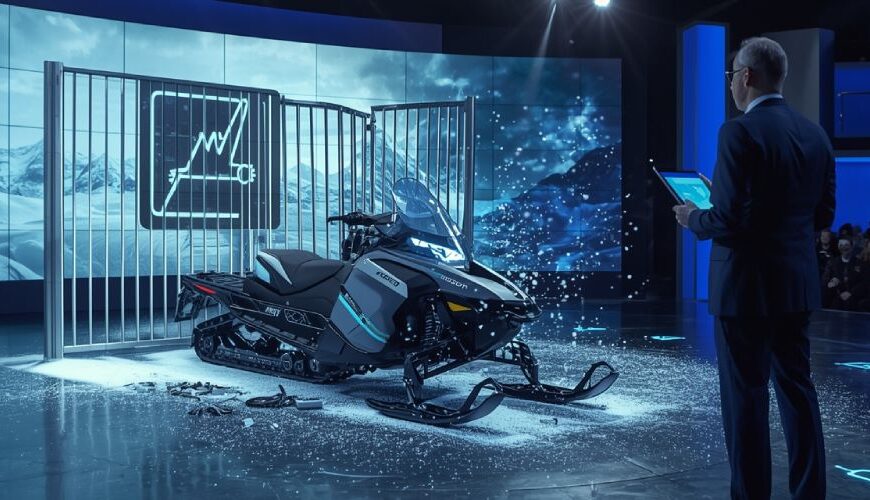 Elektrisches Schneemobil auf einer TV Bühne, vor ein Metalltor gerutscht, überall Kunstschnee und leuchtende Symbole auf dem Boden, im Hintergrund eine Berglandschaft auf einer LED Wand und ein Investor im Anzug mit Tablet.