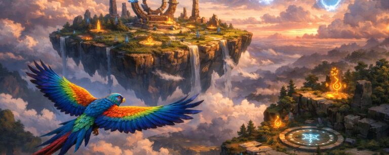 Ein bunter Fantasy-Vogel gleitet über eine wolkenverhangene Insel mit antiken Ruinen, leuchtenden magischen Symbolen und schwebenden Felsen, inspiriert von Free as birds: UAZO.