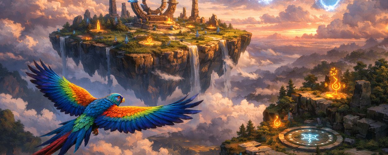 Ein bunter Fantasy-Vogel gleitet über eine wolkenverhangene Insel mit antiken Ruinen, leuchtenden magischen Symbolen und schwebenden Felsen, inspiriert von Free as birds: UAZO.