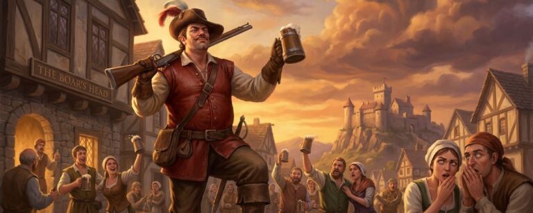 Prahlender Jäger in rotem Wams steht mit Gewehr und Bierkrug auf einem Fass vor einer Dorftaverne, umringt von jubelnden und tuschelnden Leuten, im Hintergrund eine Burg auf einem Hügel.