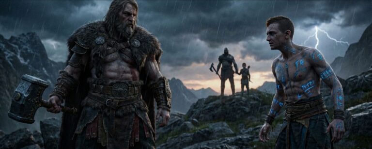 Thor und Baldur stehen sich in einer sturmgepeitschten nordischen Berglandschaft gegenüber, im Hintergrund beobachten Kratos und Atreus die Szene – episches Motiv zur God-of-War-Serie.