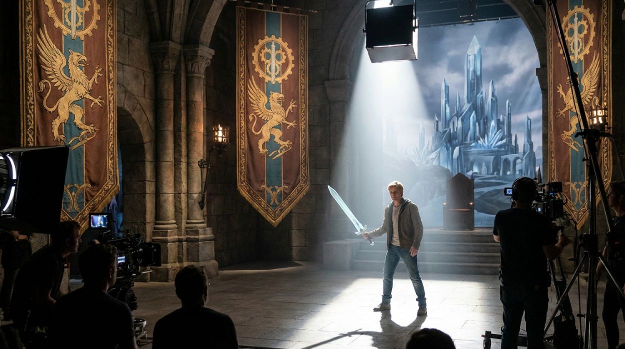 Auf einem Filmset in einer hallenartigen Thronsaal-Kulisse mit großen Bannern und Fackeln steht ein junger Mann in Jeans und Hoodie im Lichtkegel und hält ein leuchtendes Schwert, umgeben von Kameraleuten, im Hintergrund ist eine gemalte Kristallburg zu sehen – Symbolbild für das moderne He-Man-Reboot Masters of the Universe.