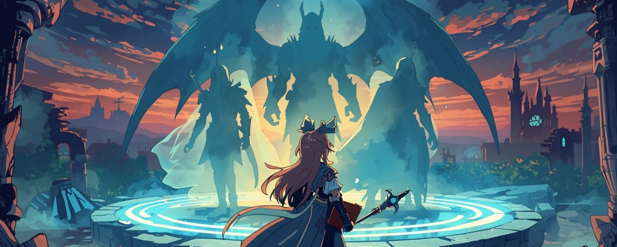 Hero Seekers: junge Magierin steht mit Stab und Zauberbuch auf Ruinenplattform und beschwört drei geisterhafte Helden vor einem dämonischen Schatten im Abendlicht.