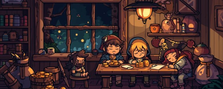 In einer gemütlichen Fantasy-Taverne sitzen vier chibiartige Abenteurer an einem Holztisch und schlafen über Haufen von Goldmünzen ein, im Hintergrund ist durch das Fenster ein nächtlicher Wald mit leuchtenden Punkten zu sehen – Symbolbild zum Idle-MMO IdleOn.