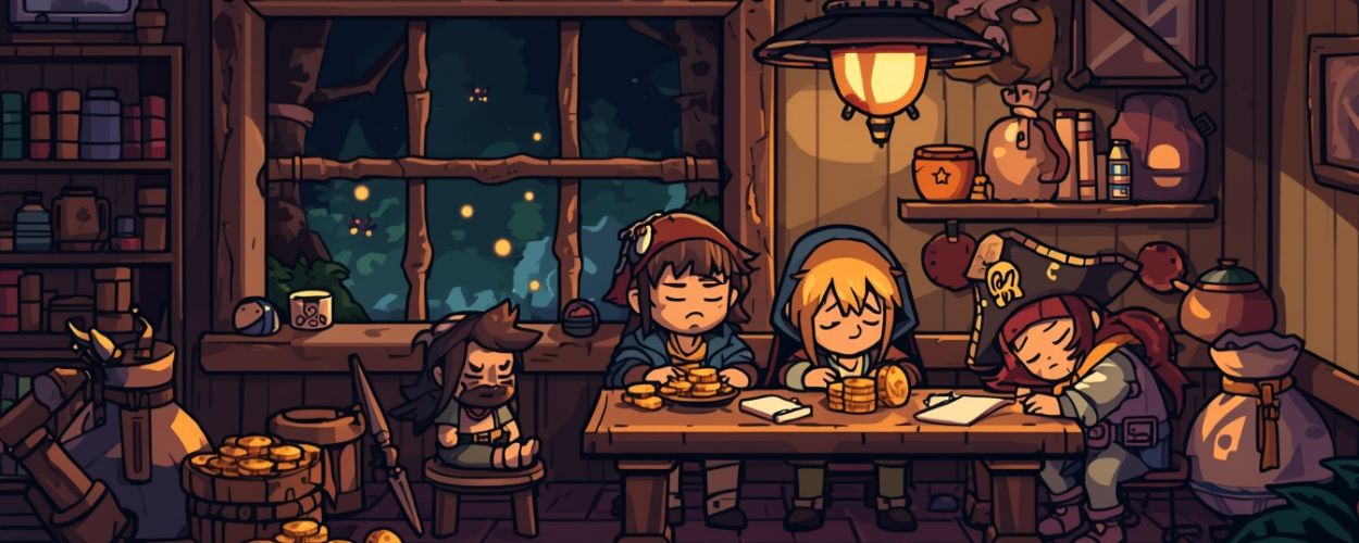 In einer gemütlichen Fantasy-Taverne sitzen vier chibiartige Abenteurer an einem Holztisch und schlafen über Haufen von Goldmünzen ein, im Hintergrund ist durch das Fenster ein nächtlicher Wald mit leuchtenden Punkten zu sehen – Symbolbild zum Idle-MMO IdleOn.