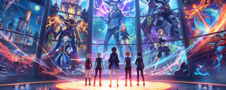 Stilisierte Fantasy-Anime-Szene: Eine Gruppe junger Held:innen steht auf einem leuchtenden Podest vor einer riesigen Wand aus schimmernden Bildschirmen, auf denen verschiedene magische Welten, Mechs und Burgen zu sehen sind – symbolische Illustration für ein wachsendes Anime-Streamingangebot.