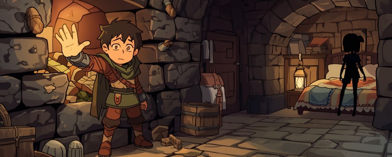 Anime-artiges Dungeonzimmer: Ein junger Abenteurer streckt überrascht die Hand gegen eine Steinwand, hinter der helles Licht und Schatzstapel zu sehen sind, im Hintergrund steht die Silhouette seiner kleinen Schwester neben einem Bett.